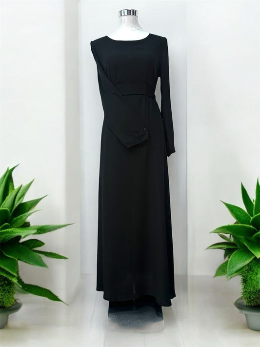 Minimalist Dress,
Black, invisible zip
at the back with
elastic cuff and comes
with a fabric belt
