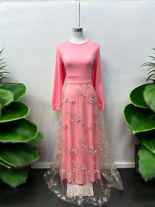 DD - Design dress,
Applique design,
Pink with blue
flowers embroidered
and pink flowers as
applique and
invisible zip at the
back