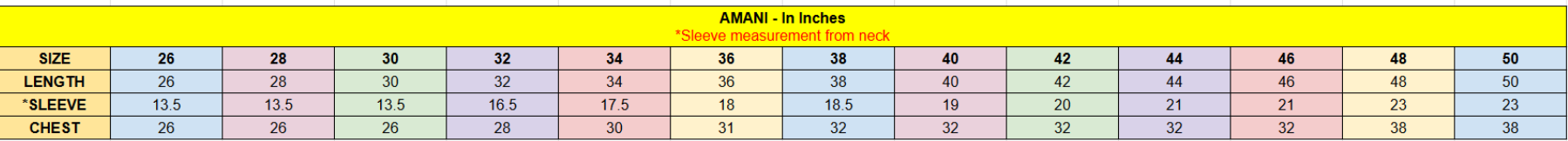 Amani  Abaya Measurement