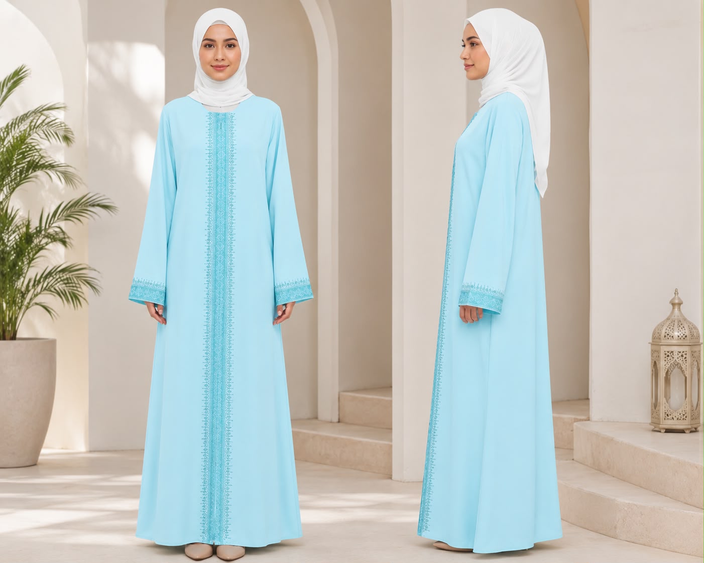 Baby Blue Rana Jubah - with snap button, bottom sleeve and front abaya embroided and embellish
with dark brown tiny stones and comes with shawl