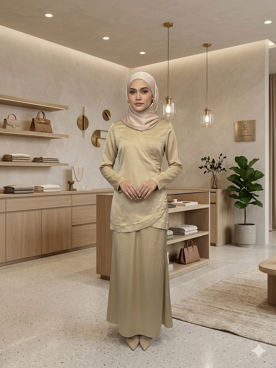 Modern modest two-piece coordinated set with slight plain kimono-inspired detailing finished with an adjustable back tie and A-line skirt.