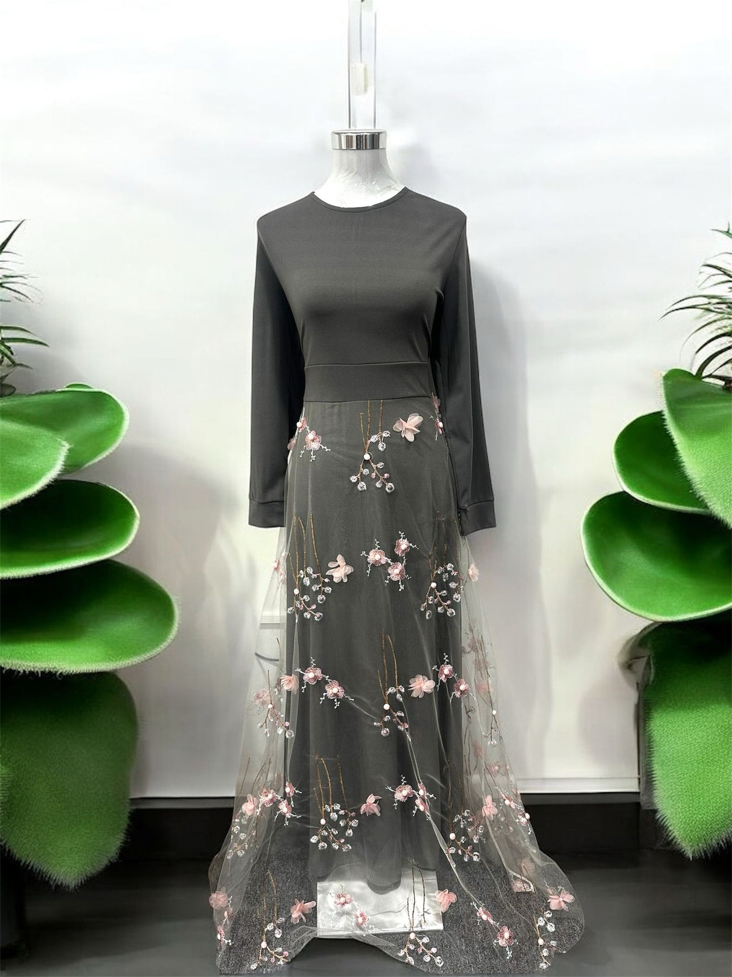 DD - Design dress,
Applique design,
Grey with grey
flowers embroidered
and pink flowers as
applique and
invisible zip at the
back