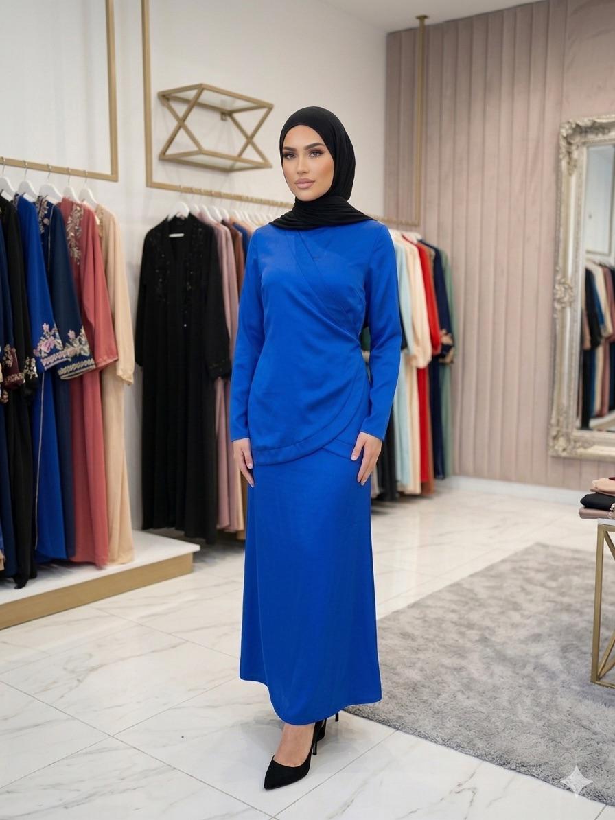 Modern modest two-piece coordinated set with slight plain kimono-inspired detailing finished with an adjustable back tie and A-line skirt.