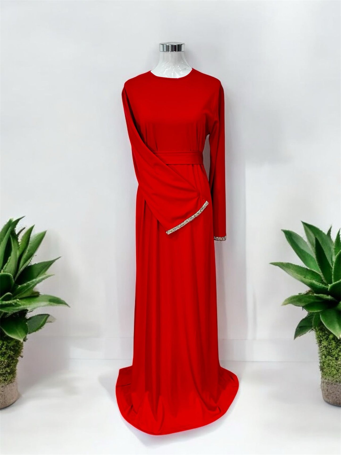 Minimalist Dress, 
Red, belle sleeve with
yellow and white
stones comes with
fabri belt and invisible
zip at the back
