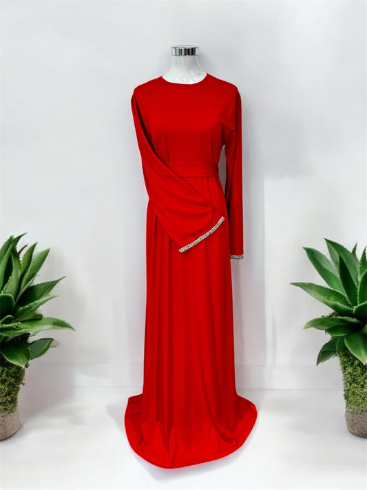 Minimalist Dress, 
Red, belle sleeve with
yellow and white
stones comes with
fabri belt and invisible
zip at the back