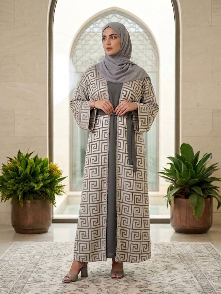 Our Mahaba Abaya -&nbsp; featuring a graceful inner dress paired with a statement outer overcoat. The overcoat showcases a modern geometric pattern that adds a refined, contemporary touch, while its relaxed silhouette ensures effortless comfort.