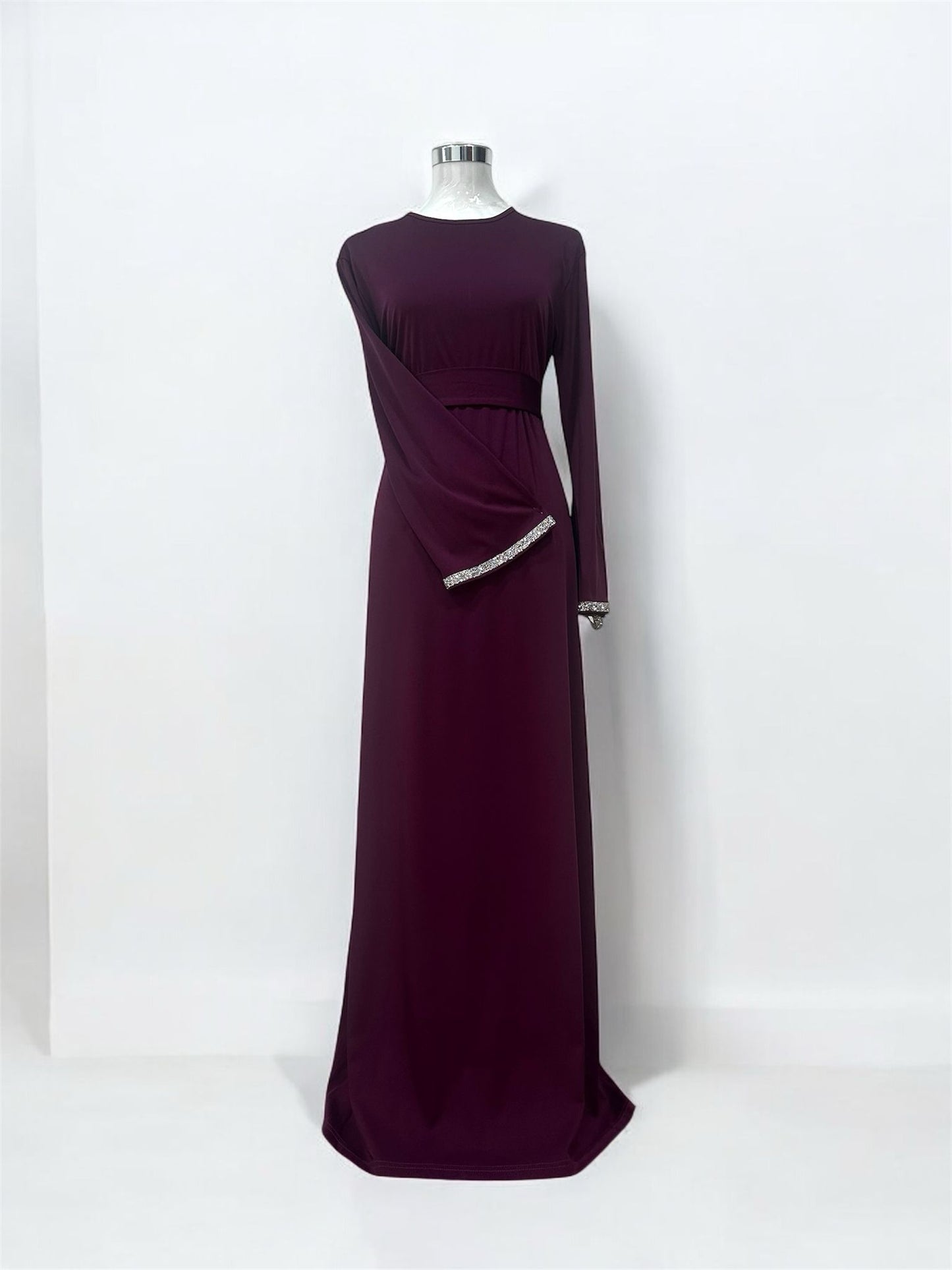 Minimalist Dress,
Purple, belle sleeve
with white stones,
comes with fabric
belt and invisible zip 
at the back