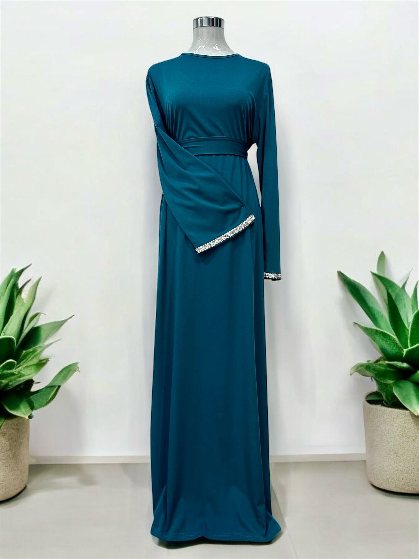 Minimalist Dress,
Teal,
belle sleeve
with white stones,
comes with fabric
belt and invisible zip 
at the back