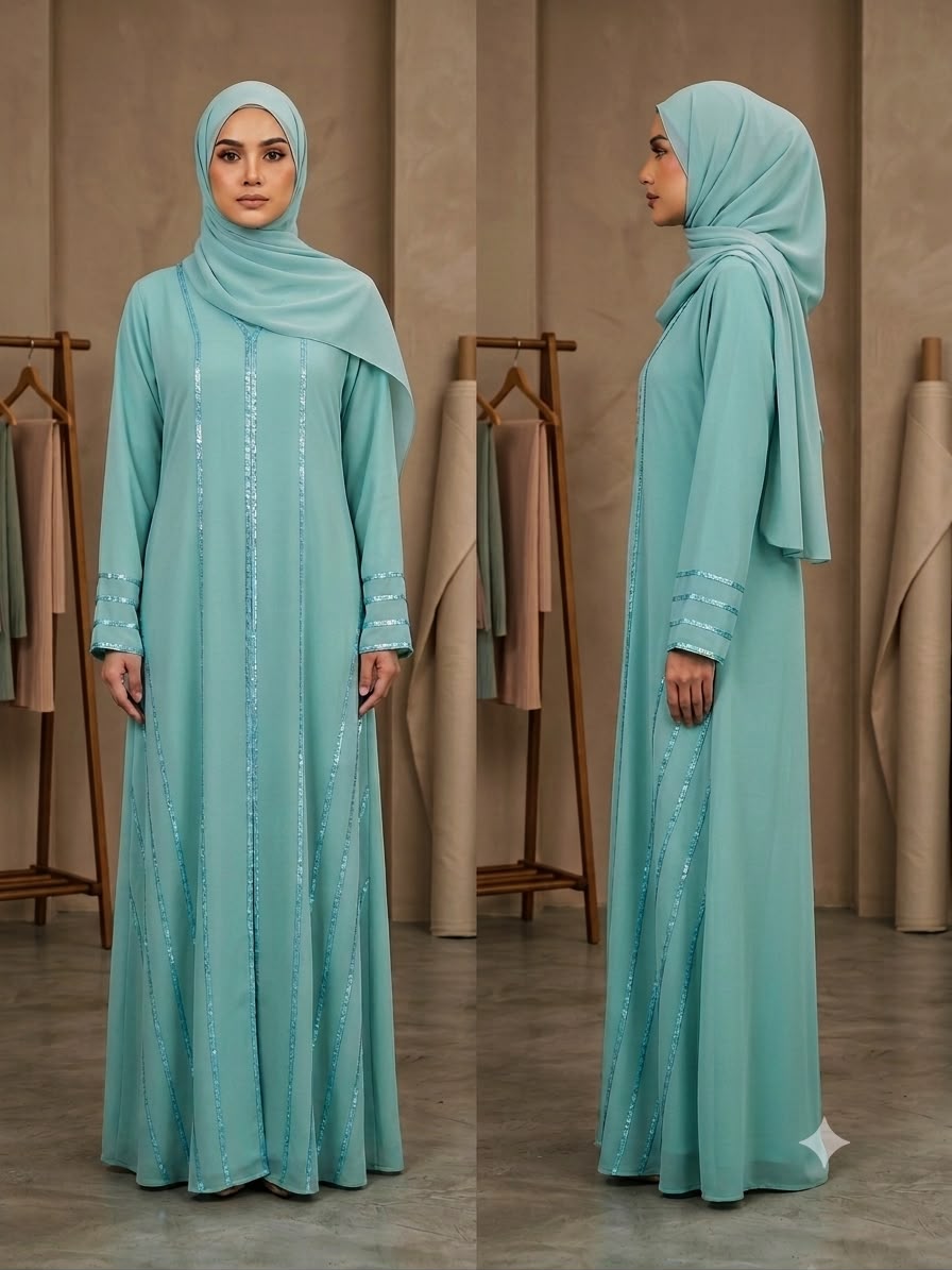 Elevate your modest wardrobe with our Fairuz Jubah Collection, a graceful blend of modern sophistication and timeless elegance. This Jubah features shimmering vertical embellishments that elongate the silhouette, creating a refined and effortlessly flattering look. The matching embellished cuffs add a subtle touch of glamour, making it perfect for both daytime elegance and evening occasions.