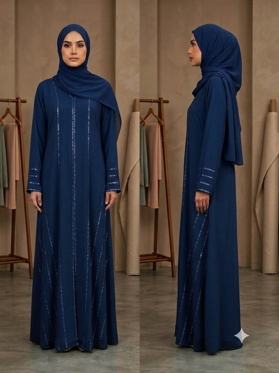 Elevate your modest wardrobe with our Fairuz Jubah Collection, a graceful blend of modern sophistication and timeless elegance. This Jubah features shimmering vertical embellishments that elongate the silhouette, creating a refined and effortlessly flattering look. The matching embellished cuffs add a subtle touch of glamour, making it perfect for both daytime elegance and evening occasions.