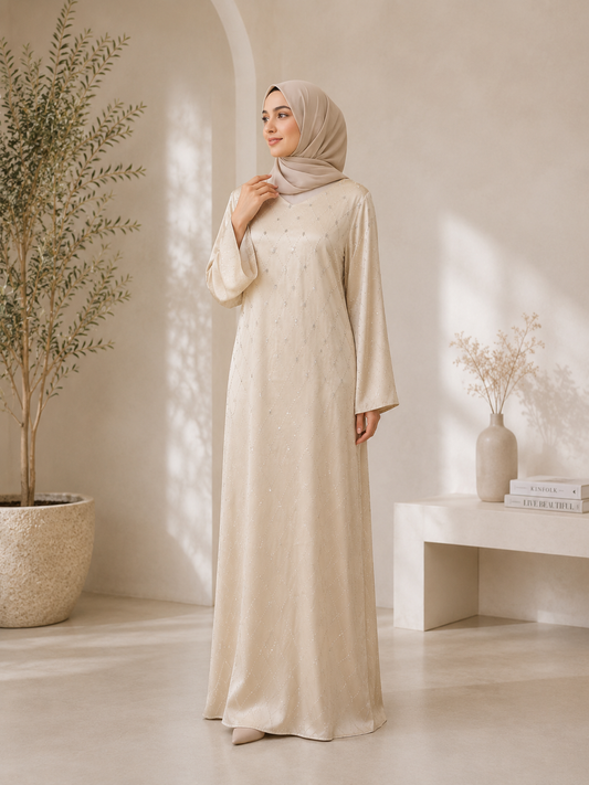 Champagne closed abaya with V-neck, small whites stones across abaya and adorned with raised stones that added texture and sparkles