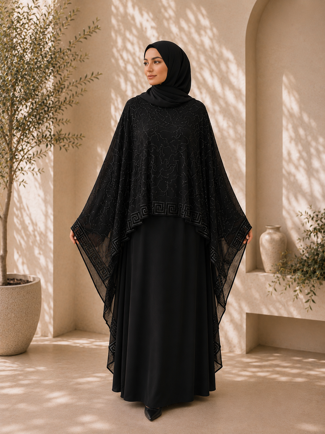 A black jubah with a sew in flowing cape, featuring delicate bead embroidery across the cape for a graceful, understated elegance. Comes complete with a matching shawl.