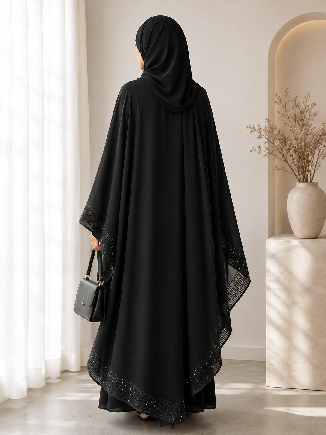 A black jubah with a sew in flowing cape, featuring delicate bead embroidery across the cape for a graceful, understated elegance. Comes complete with a matching shawl.