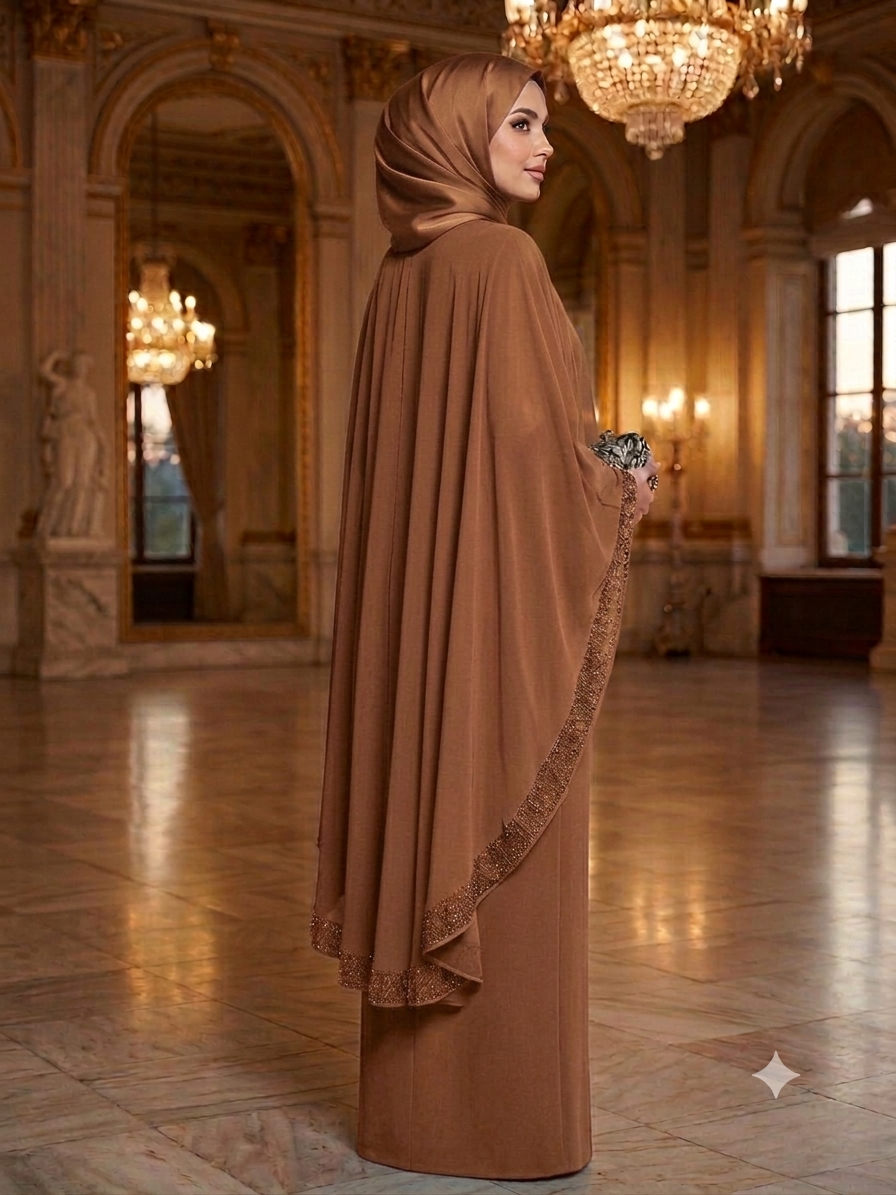 A brown jubah with a sew in flowing cape, featuring delicate bead embroidery across the cape for a graceful, understated elegance. Comes complete with a matching shawl.