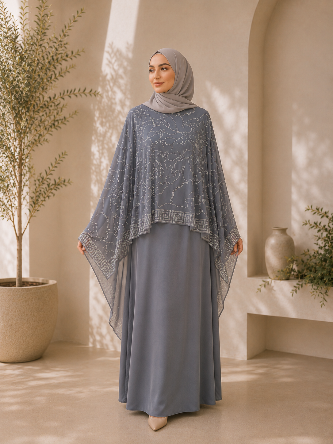 A grey jubah with a sew in flowing cape, featuring delicate bead embroidery across the cape for a graceful, understated elegance. Comes complete with a matching shawl.