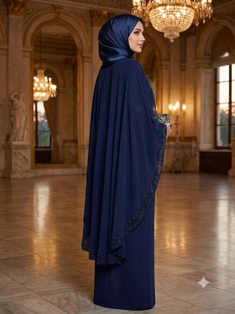 A navy jubah with a sew in flowing cape, featuring delicate bead embroidery across the cape for a graceful, understated elegance. Comes complete with a matching shawl.