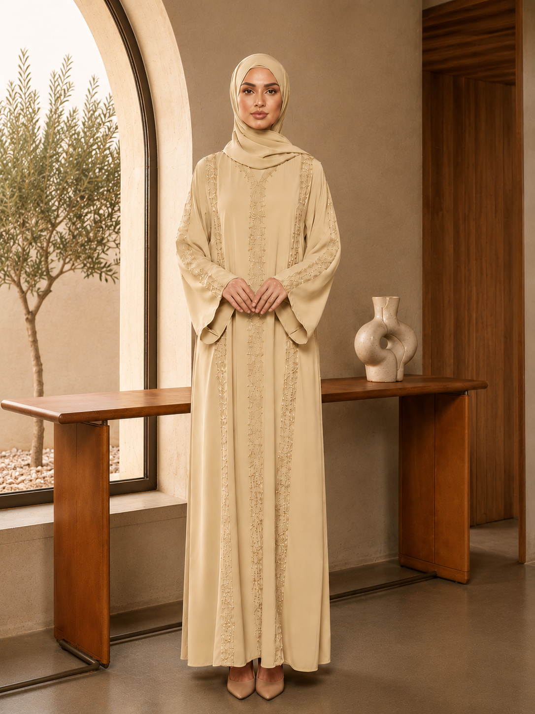 A timeless piece inspired by effortless elegance, the Ramshah Abaya features delicate embroidered trims that create a refined silhouette from every angle. Designed in a soft warm beige color, this abaya is perfect for those who appreciate understated luxury and graceful modest fashion. Its flowing cut and soft drape offer comfort while maintaining a polished look for both everyday wear and special occasions.









