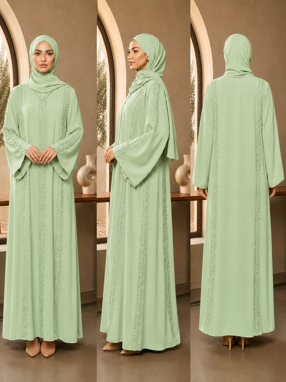 A timeless piece inspired by effortless elegance, the Ramshah Abaya features delicate embroidered trims that create a refined silhouette from every angle. Designed in celedon, this abaya is perfect for those who appreciate understated luxury and graceful modest fashion. Its flowing cut and soft drape offer comfort while maintaining a polished look for both everyday wear and special occasions.




