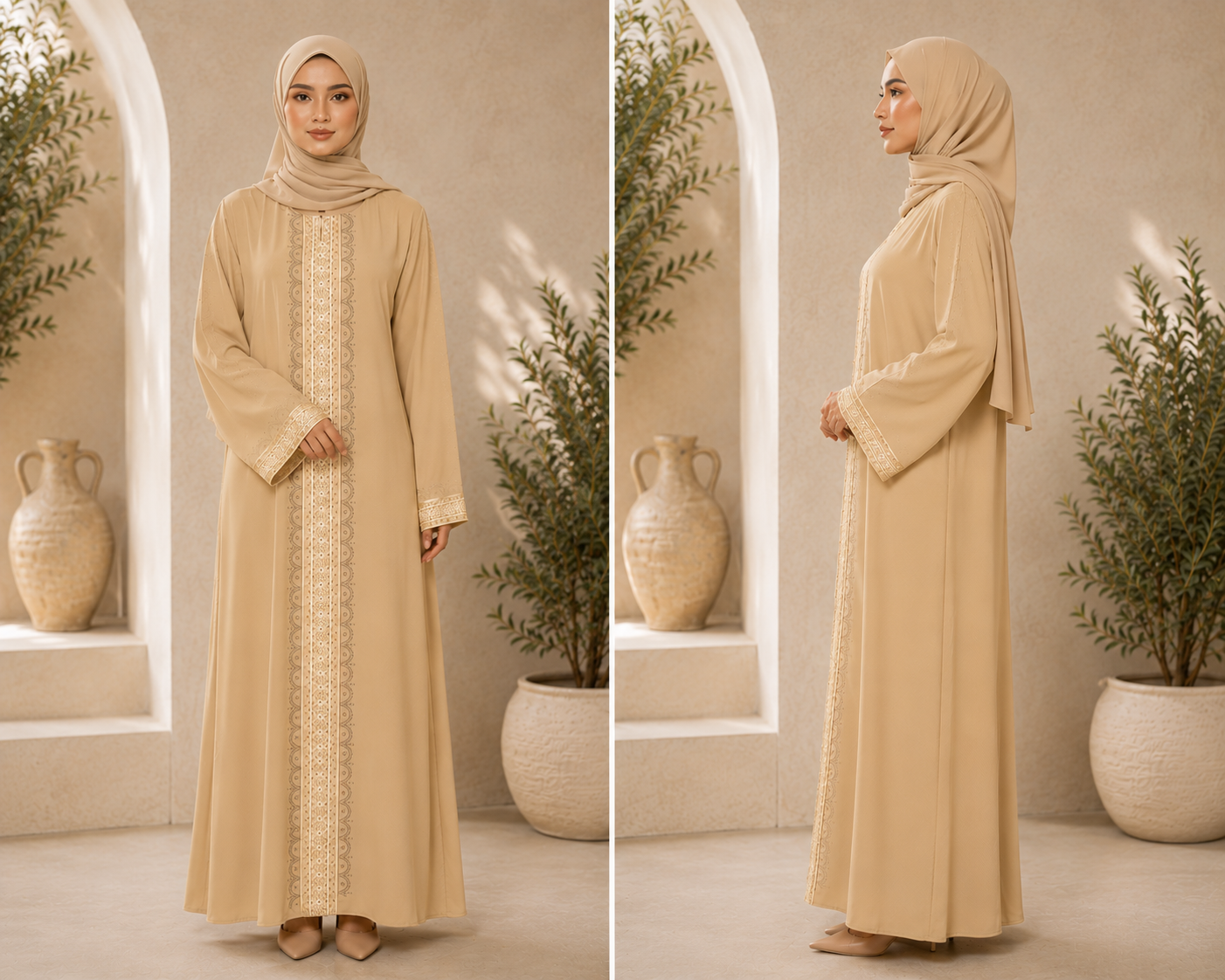A Tan color jubah with snap-button closure, detailed with intricate embroidery and fine stone embellishments on the sleeves and front. Paired with a matching shawl, perfect for a polished, sophisticated look.




