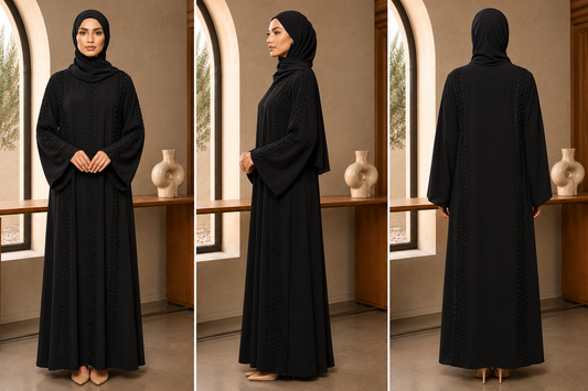 A timeless piece inspired by effortless elegance, the Ramshah Abaya features delicate embroidered trims that create a refined silhouette from every angle. Designed in Black, this abaya is perfect for those who appreciate understated luxury and graceful modest fashion. Its flowing cut and soft drape offer comfort while maintaining a polished look for both everyday wear and special occasions.




