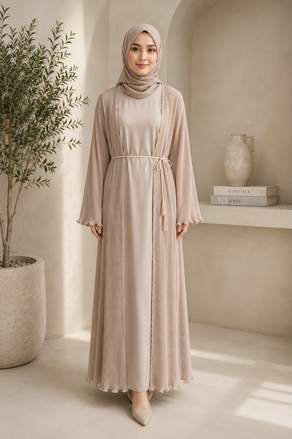 Two-piece set: Open pleated abaya & matching inner dress
Premium lightweight pleated fabric
Relaxed, modest silhouette
Adjustable self-tie waist cord
Delicate ruffle finish on sleeves and hem
Full-length design
Comfortable, breathable, and flowy