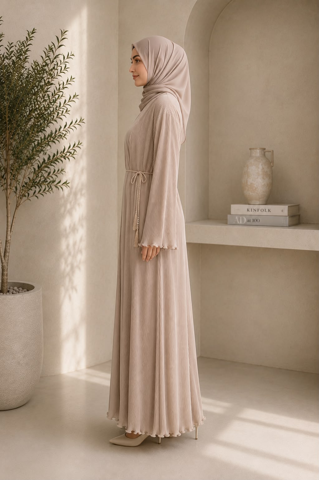 Two-piece set: Open pleated abaya & matching inner dress
Premium lightweight pleated fabric
Relaxed, modest silhouette
Adjustable self-tie waist cord
Delicate ruffle finish on sleeves and hem
Full-length design
Comfortable, breathable, and flowy