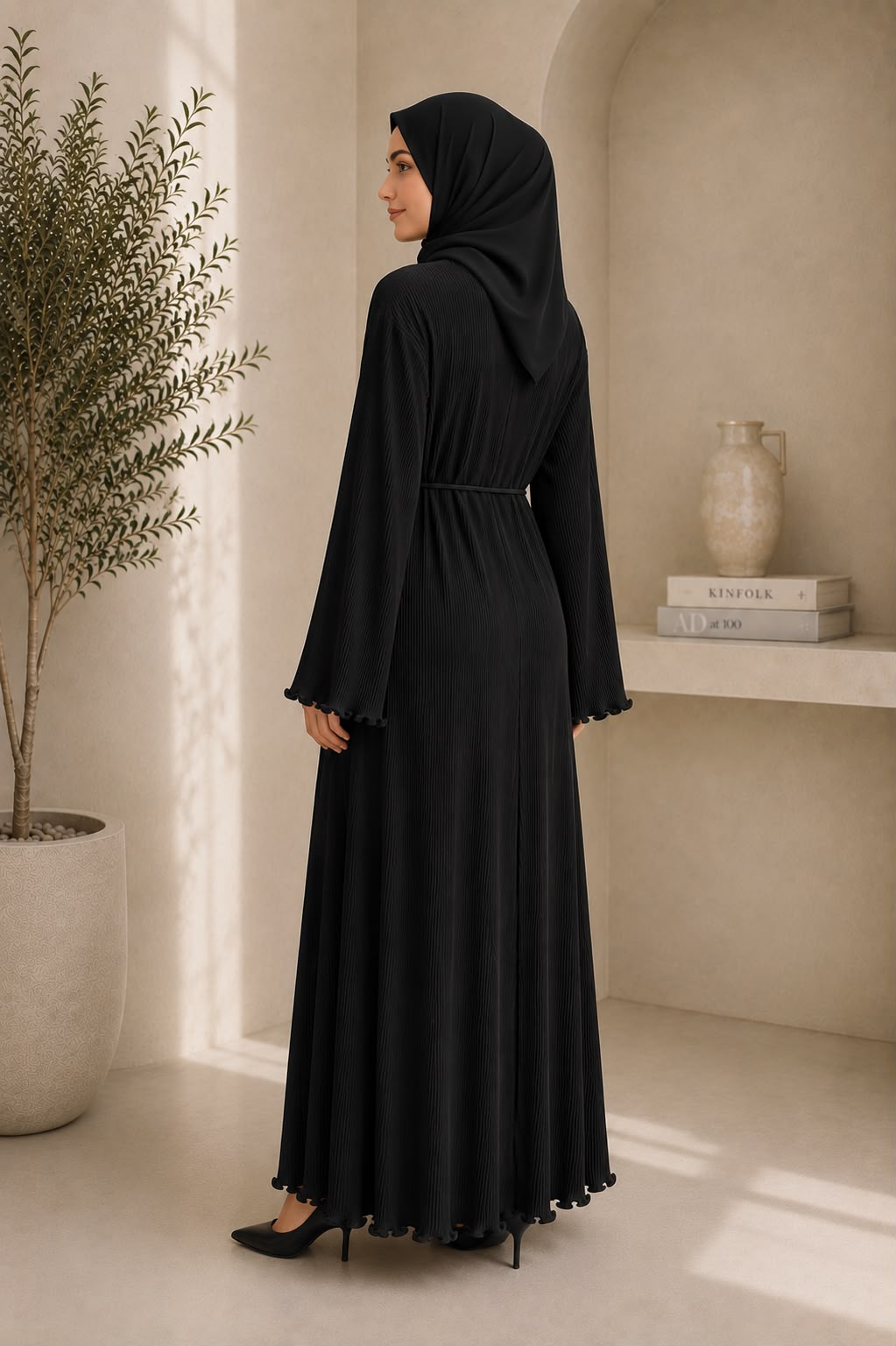 Two-piece set: Open pleated abaya & matching inner dress
Premium lightweight pleated fabric
Relaxed, modest silhouette
Adjustable self-tie waist cord
Delicate ruffle finish on sleeves and hem
Full-length design
Comfortable, breathable, and flowy