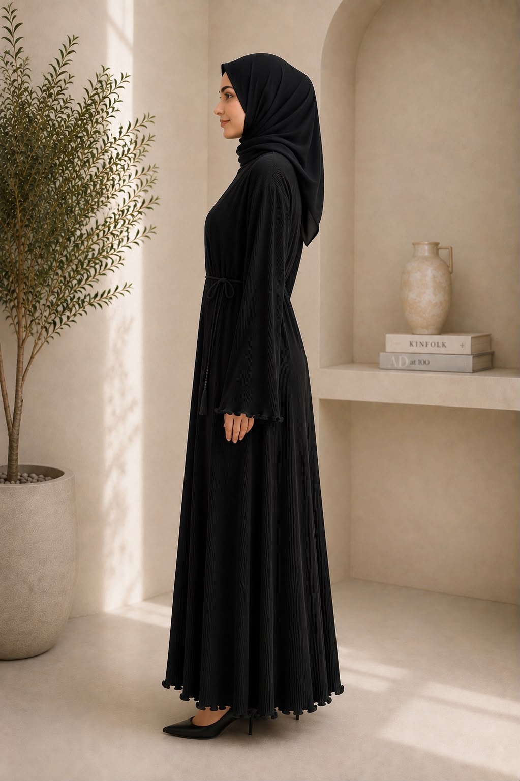 Two-piece set: Open pleated abaya & matching inner dress
Premium lightweight pleated fabric
Relaxed, modest silhouette
Adjustable self-tie waist cord
Delicate ruffle finish on sleeves and hem
Full-length design
Comfortable, breathable, and flowy
