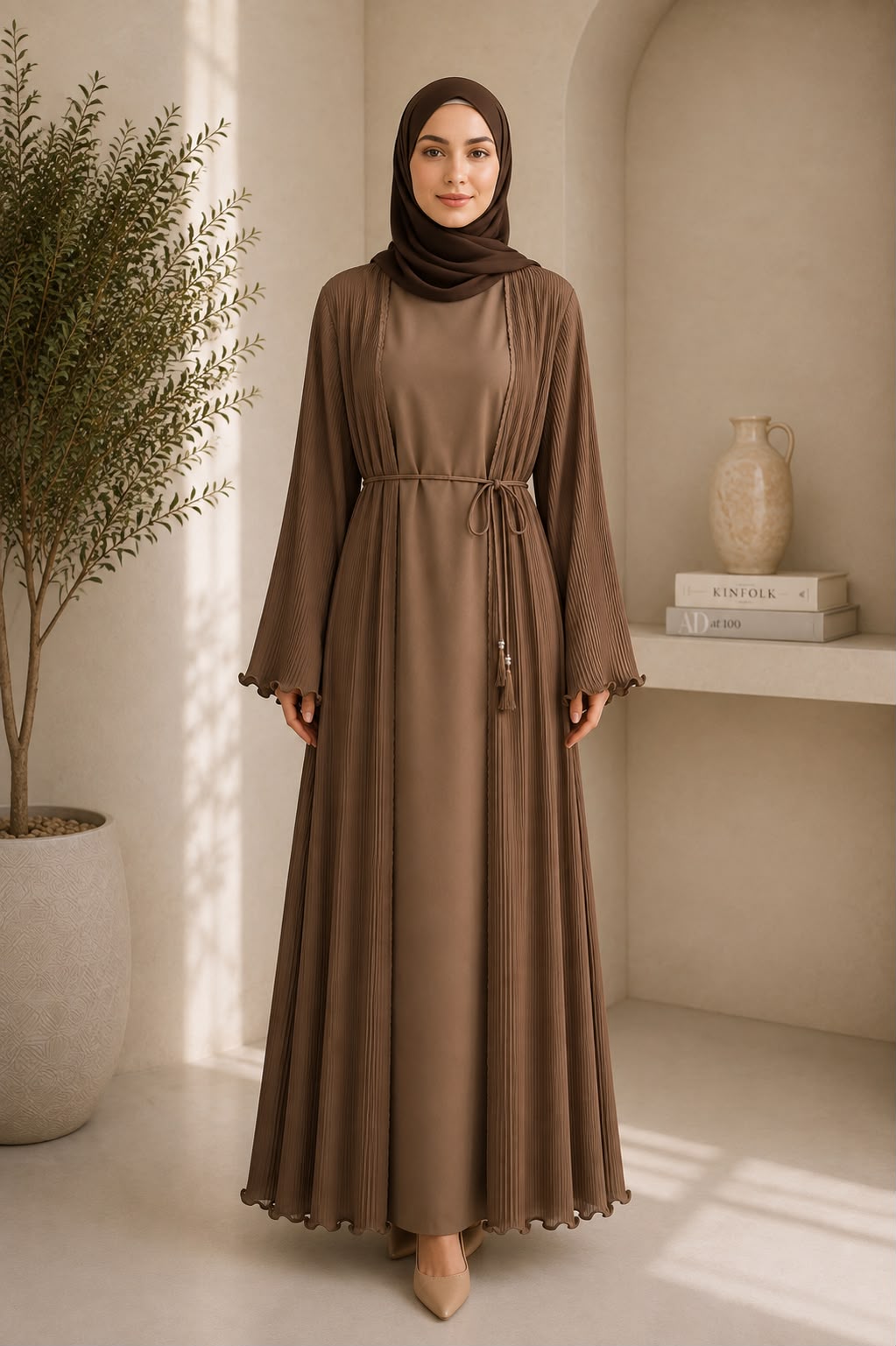 Two-piece set: Open pleated abaya & matching inner dress
Premium lightweight pleated fabric
Relaxed, modest silhouette
Adjustable self-tie waist cord
Delicate ruffle finish on sleeves and hem
Full-length design
Comfortable, breathable, and flowy