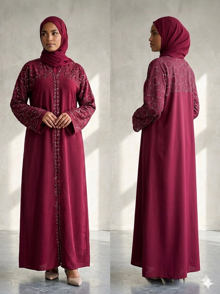 Premium lightweight fabric
Elegant abaya design
Intricate crystal embellishments on the front, shoulders, sleeves, and back
Comfortable relaxed fit
Full-length silhouette
Long sleeves for modest coverage
Front button closure for easy wear
Breathable and comfortable for all-day use