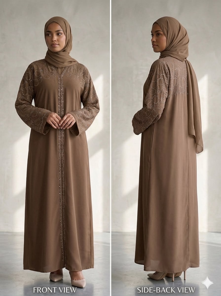Premium lightweight fabric
Elegant abaya design
Intricate crystal embellishments on the front, shoulders, sleeves, and back
Comfortable relaxed fit
Full-length silhouette
Long sleeves for modest coverage
Front button closure for easy wear
Breathable and comfortable for all-day use