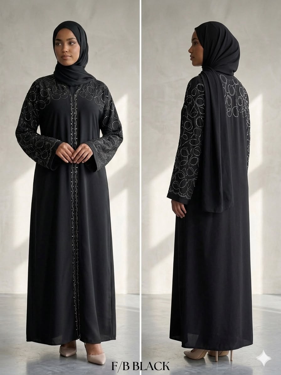Premium lightweight fabric
Elegant abaya design
Intricate crystal embellishments on the front, shoulders, sleeves, and back
Comfortable relaxed fit
Full-length silhouette
Long sleeves for modest coverage
Front button closure for easy wear
Breathable and comfortable for all-day use