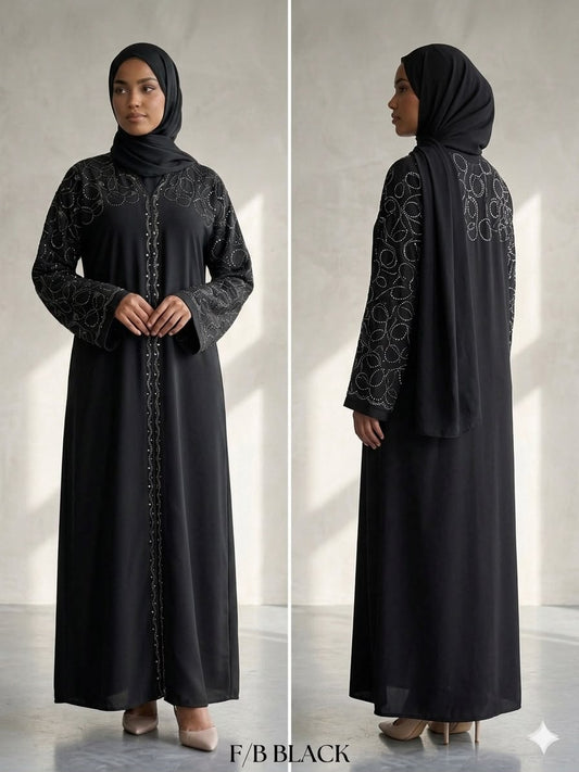 Premium lightweight fabric
Elegant abaya design
Intricate crystal embellishments on the front, shoulders, sleeves, and back
Comfortable relaxed fit
Full-length silhouette
Long sleeves for modest coverage
Front button closure for easy wear
Breathable and comfortable for all-day use
