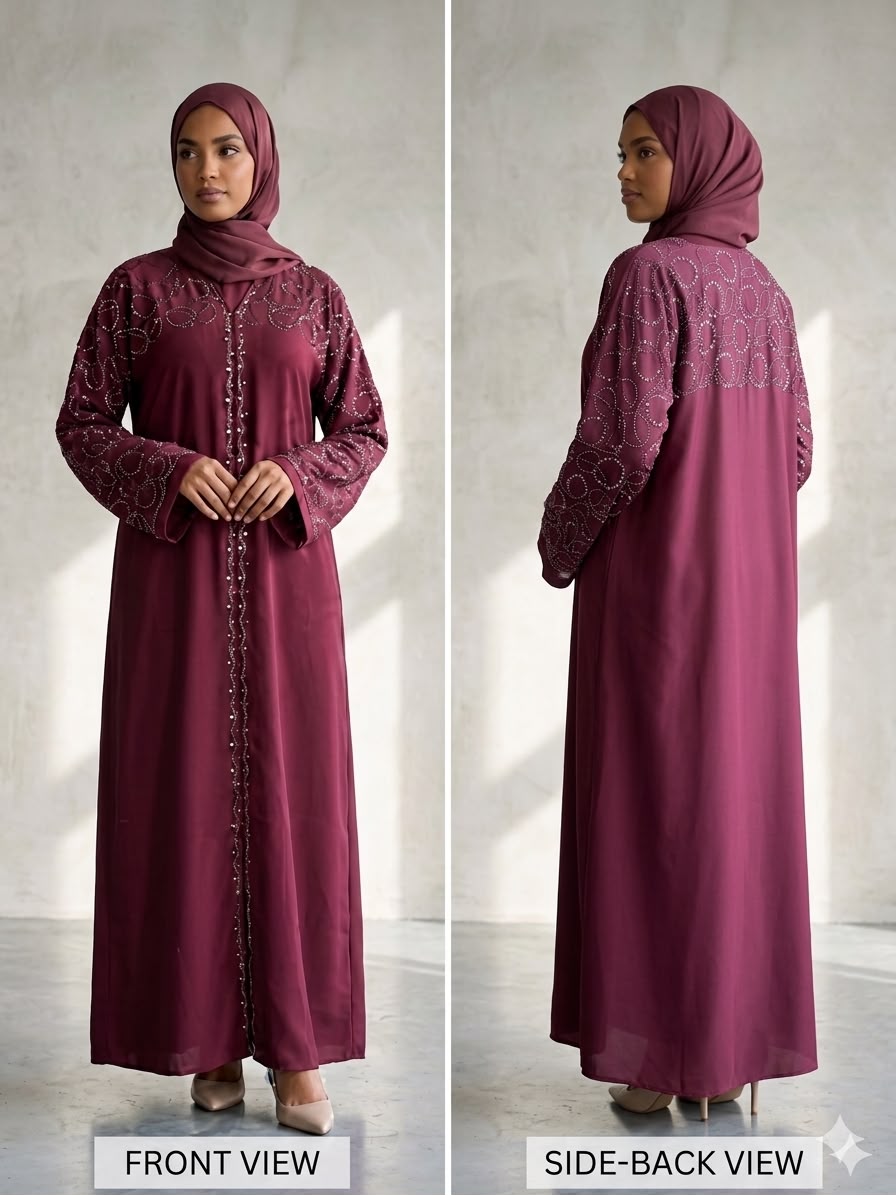Premium lightweight fabric
Elegant abaya design
Intricate crystal embellishments on the front, shoulders, sleeves, and back
Comfortable relaxed fit
Full-length silhouette
Long sleeves for modest coverage
Front button closure for easy wear
Breathable and comfortable for all-day use