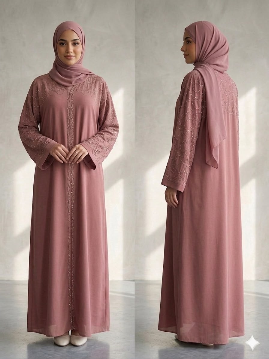 Premium lightweight fabric
Elegant abaya design
Intricate crystal embellishments on the front, shoulders, sleeves, and back
Comfortable relaxed fit
Full-length silhouette
Long sleeves for modest coverage
Front button closure for easy wear
Breathable and comfortable for all-day use