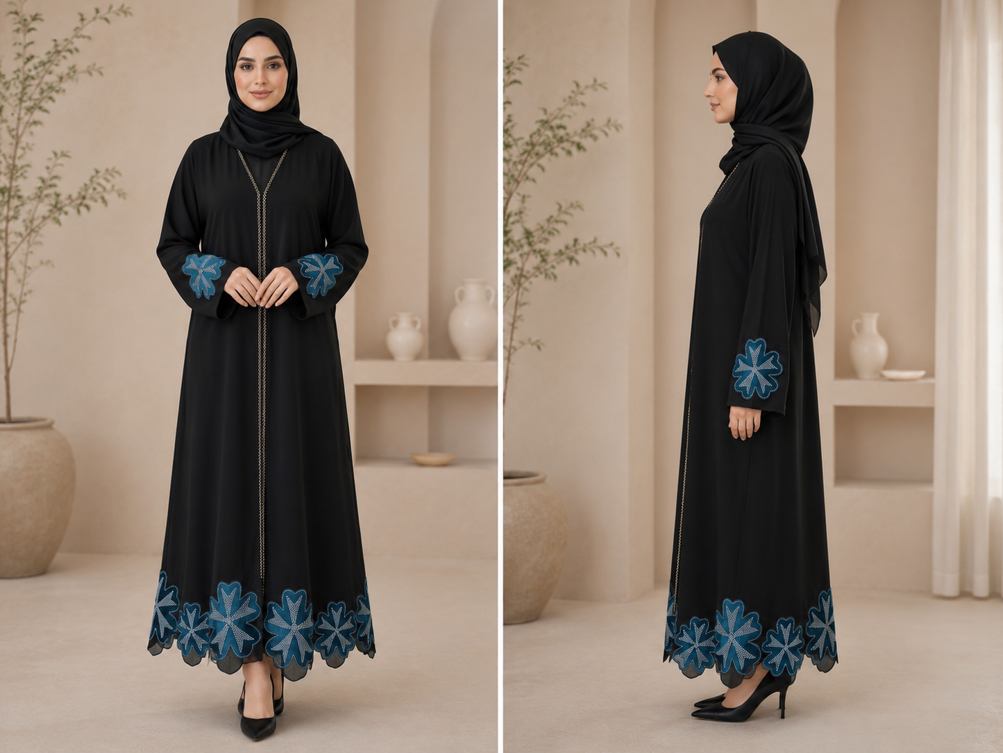 Premium lightweight fabric with a soft, elegant drape
Classic closed-front abaya design
Intricate floral embroidery on the sleeves and hem
Delicate embellished front detailing for a luxurious finish
Relaxed, modest silhouette for maximum comfort
Suitable for formal occasions, Eid celebrations, dinners, and everyday elegance
Easy to style with heels, flats, or your favourite accessories