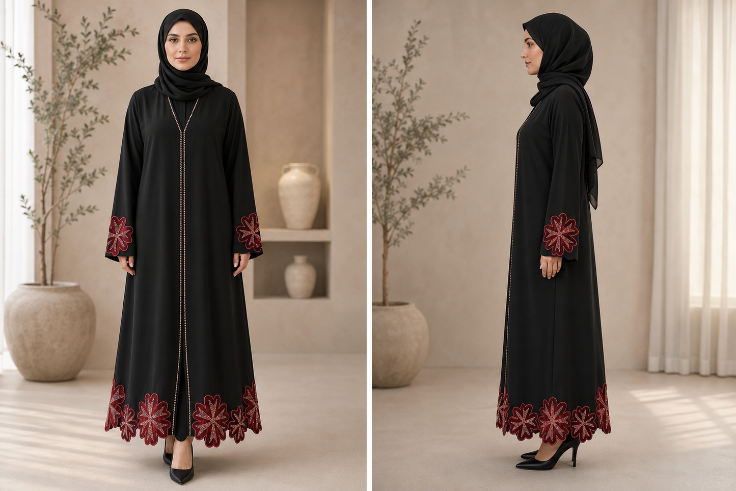 Premium lightweight fabric with a soft, elegant drape
Classic closed-front abaya design
Intricate floral embroidery on the sleeves and hem
Delicate embellished front detailing for a luxurious finish
Relaxed, modest silhouette for maximum comfort
Suitable for formal occasions, Eid celebrations, dinners, and everyday elegance
Easy to style with heels, flats, or your favourite accessories