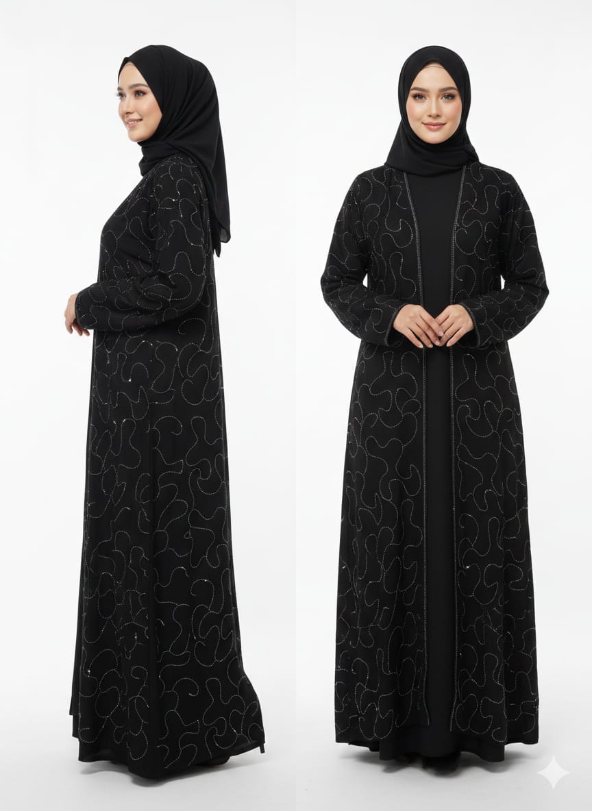 Two-piece set: Open abaya and matching inner dress
Delicate shimmer embellishments throughout the abaya
Lightweight and breathable fabric for all-day comfort
Relaxed, flowy silhouette with elegant drape
Long sleeves with comfortable cuff finish
Modest and flattering fit
Easy to style for casual or formal occasions