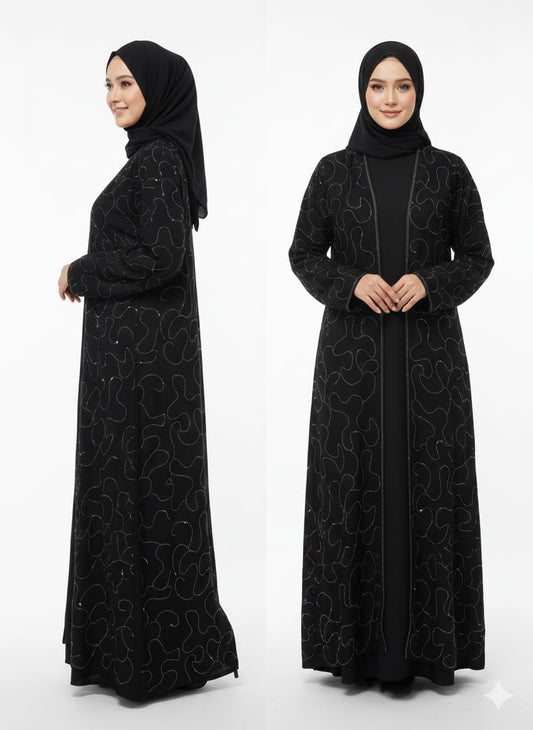 Two-piece set: Open abaya and matching inner dress
Delicate shimmer embellishments throughout the abaya
Lightweight and breathable fabric for all-day comfort
Relaxed, flowy silhouette with elegant drape
Long sleeves with comfortable cuff finish
Modest and flattering fit
Easy to style for casual or formal occasions
