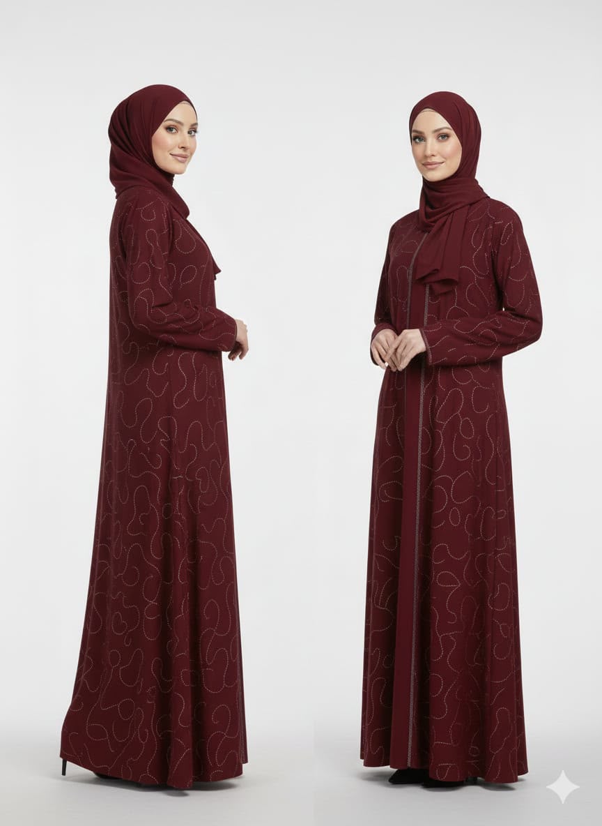 Two-piece set: Open abaya and matching inner dress
Delicate shimmer embellishments throughout the abaya
Lightweight and breathable fabric for all-day comfort
Relaxed, flowy silhouette with elegant drape
Long sleeves with comfortable cuff finish
Modest and flattering fit
Easy to style for casual or formal occasions