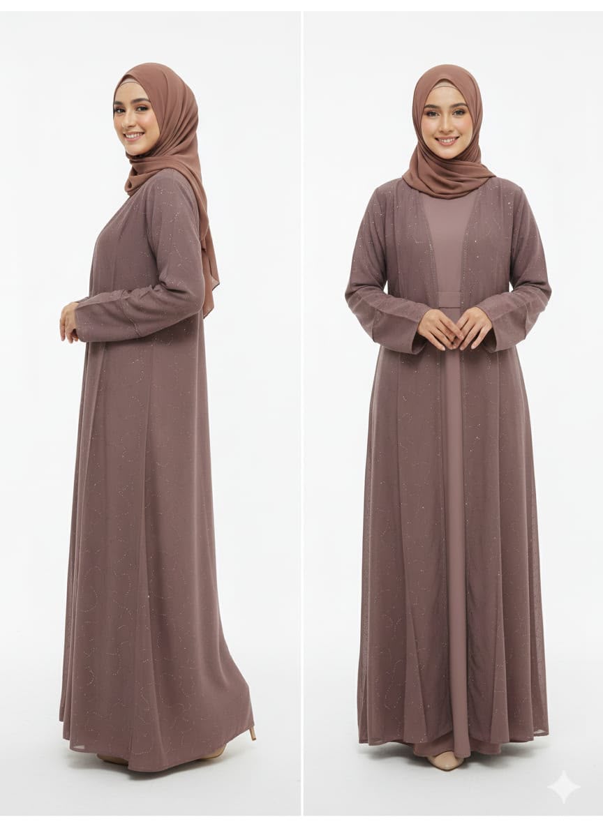 Two-piece set: Open abaya and matching inner dress
Delicate shimmer embellishments throughout the abaya
Lightweight and breathable fabric for all-day comfort
Relaxed, flowy silhouette with elegant drape
Long sleeves with comfortable cuff finish
Modest and flattering fit
Easy to style for casual or formal occasions