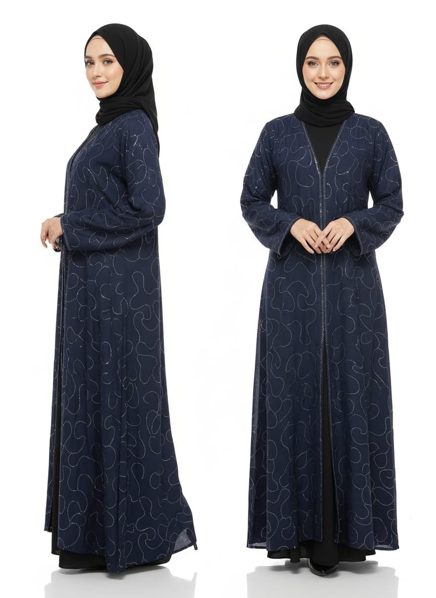 Two-piece set: Open abaya and matching inner dress
Delicate shimmer embellishments throughout the abaya
Lightweight and breathable fabric for all-day comfort
Relaxed, flowy silhouette with elegant drape
Long sleeves with comfortable cuff finish
Modest and flattering fit
Easy to style for casual or formal occasions