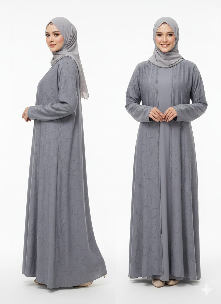 "Two-piece set: Open abaya and matching inner dress
Delicate shimmer embellishments throughout the abaya
Lightweight and breathable fabric for all-day comfort
Relaxed, flowy silhouette with elegant drape
Long sleeves with comfortable cuff finish
Modest and flattering fit
Easy to style for casual or formal occasions"



