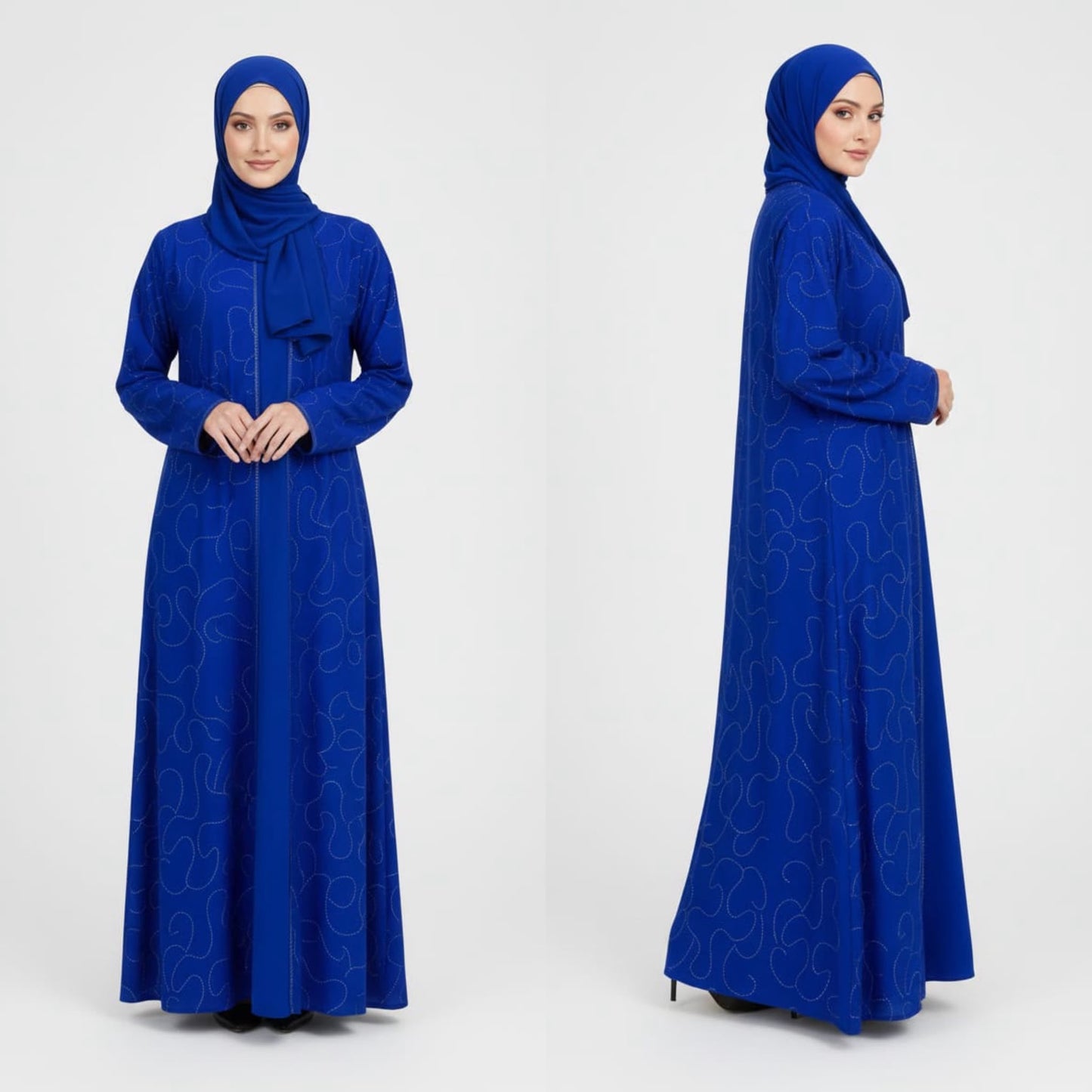 Two-piece set: Open abaya and matching inner dress
Delicate shimmer embellishments throughout the abaya
Lightweight and breathable fabric for all-day comfort
Relaxed, flowy silhouette with elegant drape
Long sleeves with comfortable cuff finish
Modest and flattering fit
Easy to style for casual or formal occasions