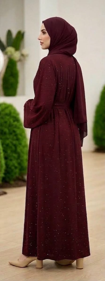 Marroon Lamura Abaya was designed in an overcoat style, featuring delicate blue stone embellishments across the overcoat for sophisticated looks and short sleeve innerwear providing comfort. Comes complete with a coordinating cloth belt and matching shawl.