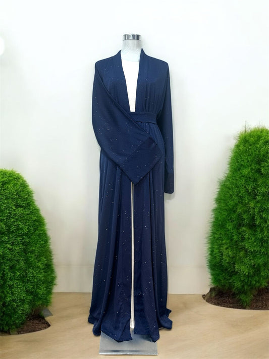 Navy Lamura Abaya was designed in an overcoat style, featuring delicate blue stone embellishments across the overcoat for sophisticated looks and short sleeve innerwear providing comfort. Comes complete with a coordinating cloth belt and matching shawl.