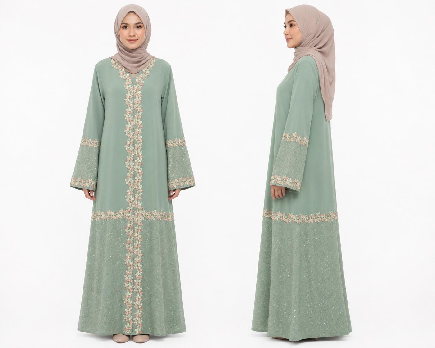 Grace meets timeless elegance with the Rawnaq collection, thoughtfully designed to bring effortless sophistication to every occasion. Crafted in a soft sage green hue, this abaya features delicate leaf-inspired embroidery that gracefully frames the neckline, front panel, sleeves, and hem, creating a refined botanical aesthetic. The subtle shimmering textured panels on the sleeves and skirt add a touch of understated glamour, making it perfect for both special occasions and elegant everyday wear.