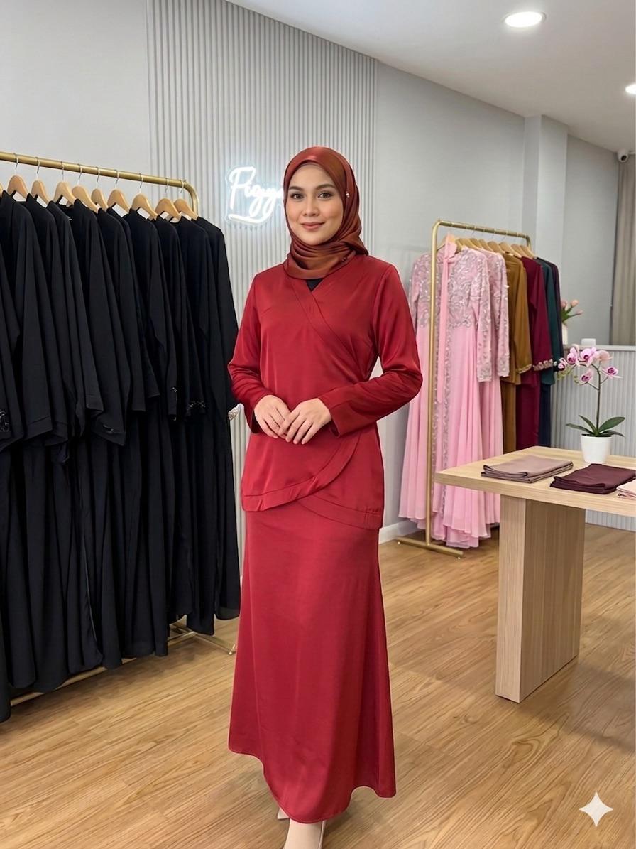 Modern modest two-piece coordinated set with slight plain kimono-inspired detailing finished with an adjustable back tie and A-line skirt.