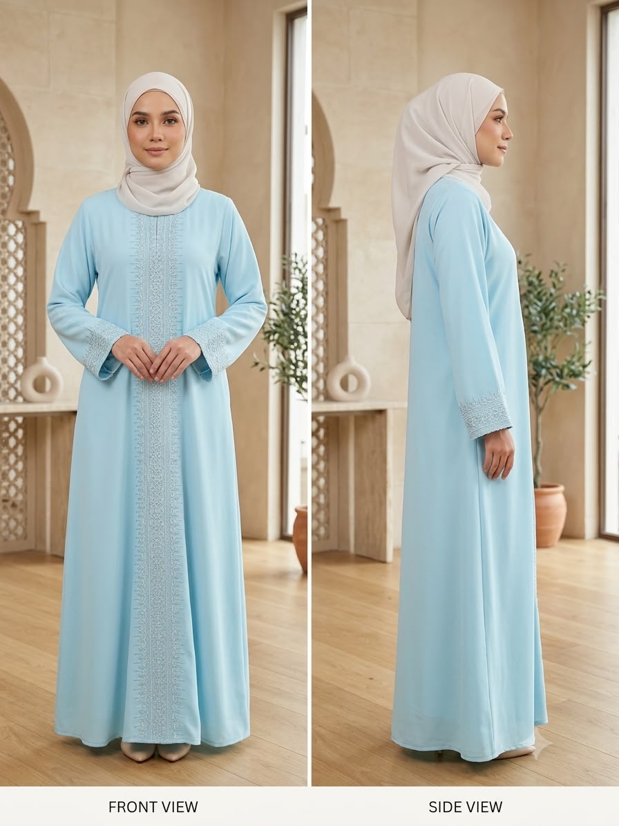 Sky Blue Rana Jubah - with snap button, bottom sleeve and front abaya embroided and embellish
with dark brown tiny stones and comes with shawl